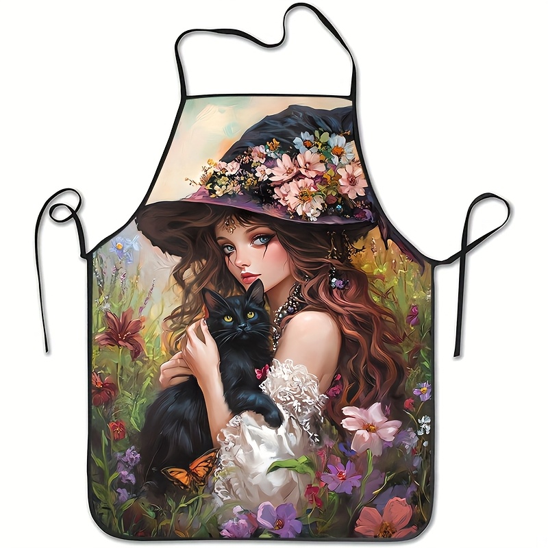 Kitchen Witch Baking - Vintage tarzında, siyah kedi ve cadı